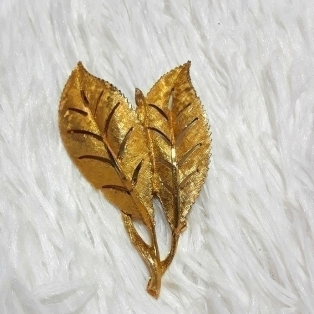 Vintage Gold Tone Wash Double Leaf J.S. Brooch Pin